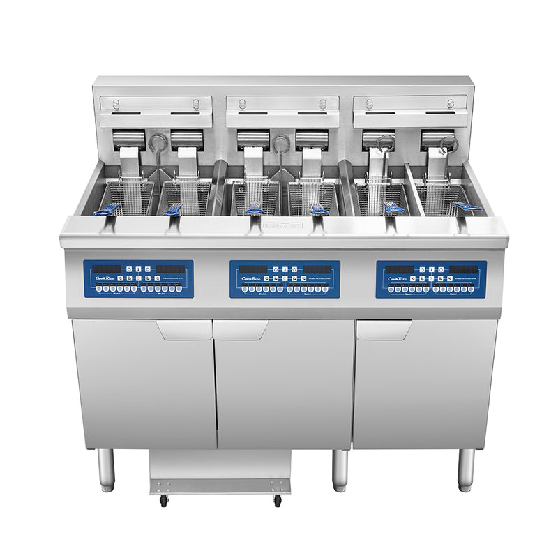 Atosa CookRite AEFF-50-3T electric fryer, top view of full vats and split vat