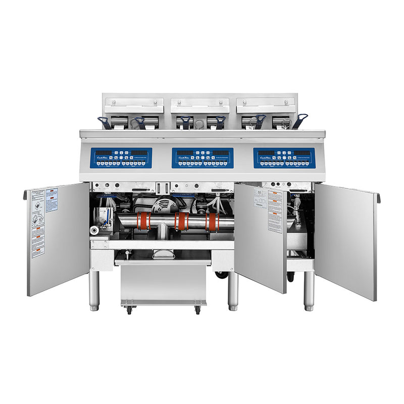 Atosa CookRite AEFF-50-3T electric fryer, doors open showing built-in filtration