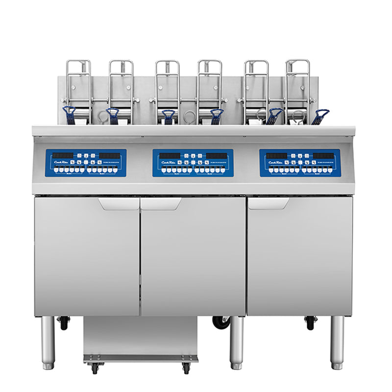 Atosa CookRite AEFF-50-3TB triple vat electric fryer with auto lift and built-in filtration, front view