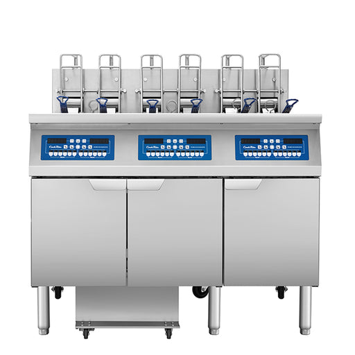 Atosa CookRite AEFF-50-3TB triple vat electric fryer with auto lift and built-in filtration, front view