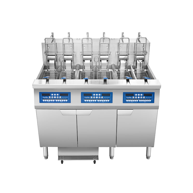 Atosa CookRite AEFF-50-3TB electric fryer, top view of full vats and split vat
