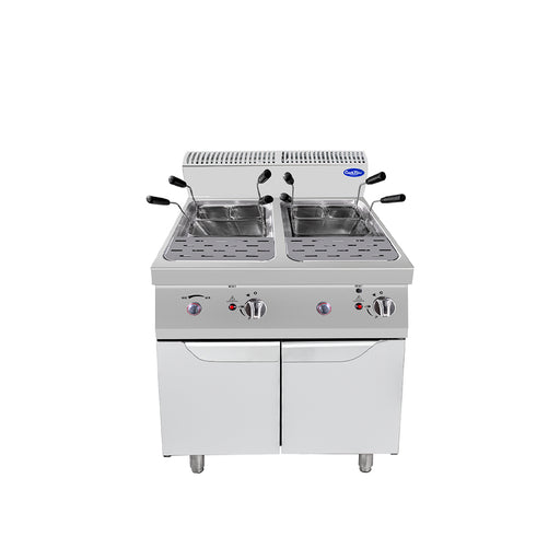 Atosa CookRite PCG18 double tank gas pasta cooker with two stainless steel tanks, pasta baskets, and two-door cabinet base