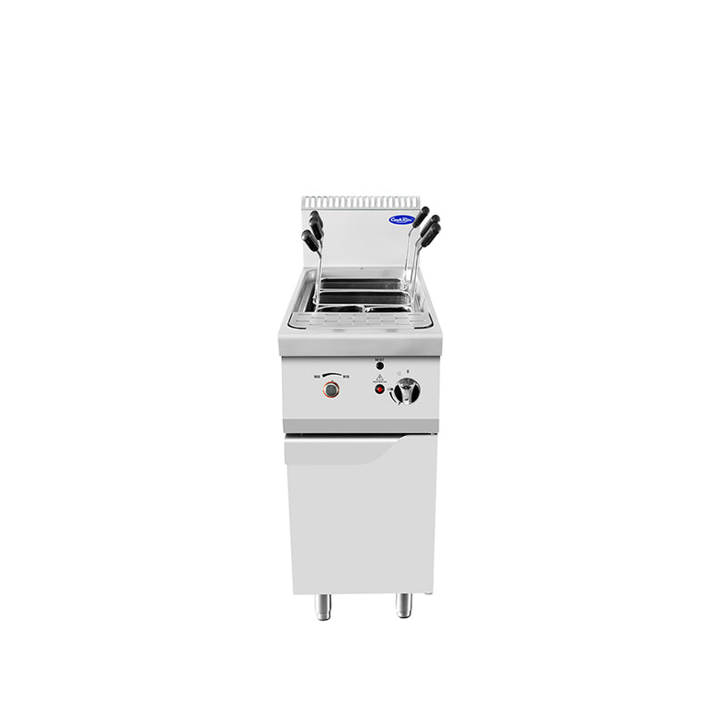 Atosa CookRite PCG9 single tank gas pasta cooker with stainless steel tank, pasta baskets, and cabinet base