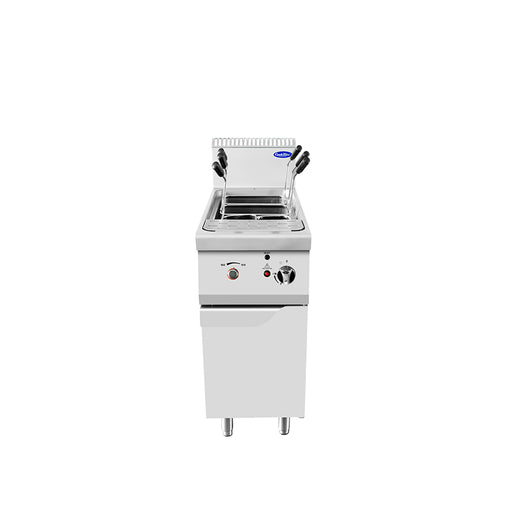 Atosa CookRite PCG9 single tank gas pasta cooker with stainless steel tank, pasta baskets, and cabinet base
