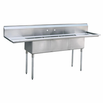 Atosa USA MRSA-3-D Prep Sink 18 Gauge Stainless Steel 3 Compartment Sink with Drainboards - 90-Inches