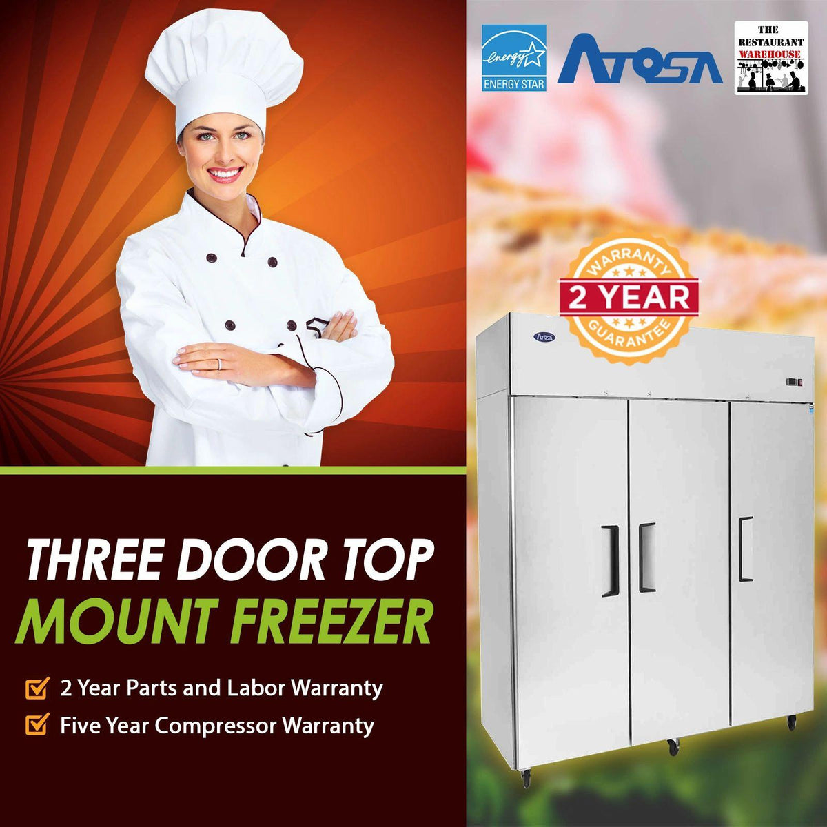 Atosa MBF8003GR 3-Door Commercial Freezer | 64.9 Cu Ft