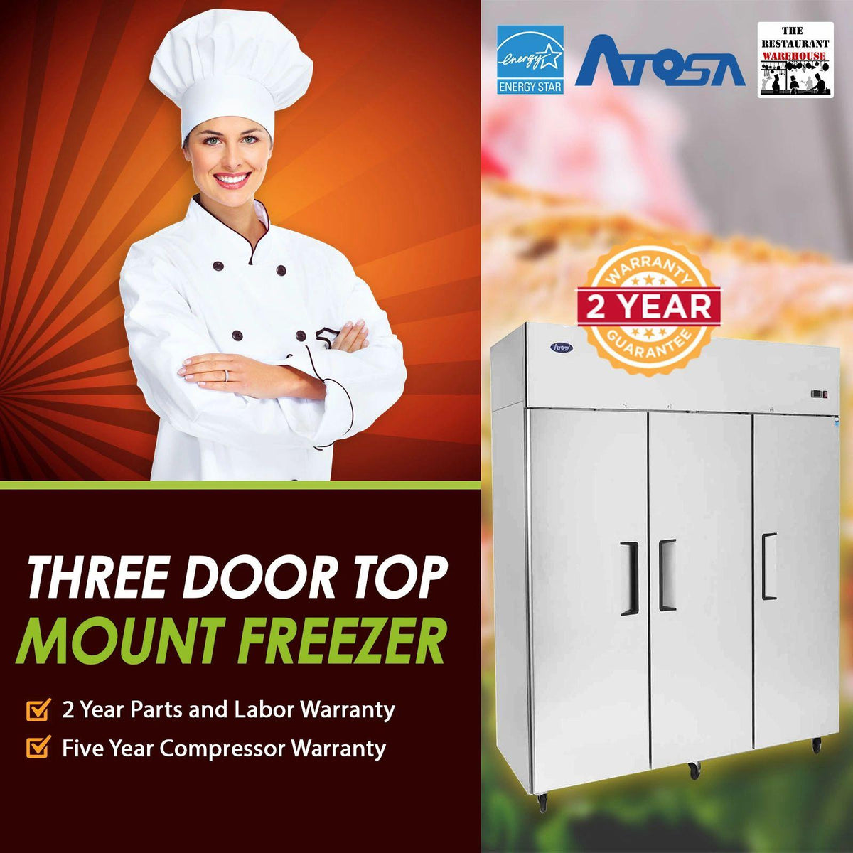 3 Door Commercial Freezer, LED Lights, McCray, 78W