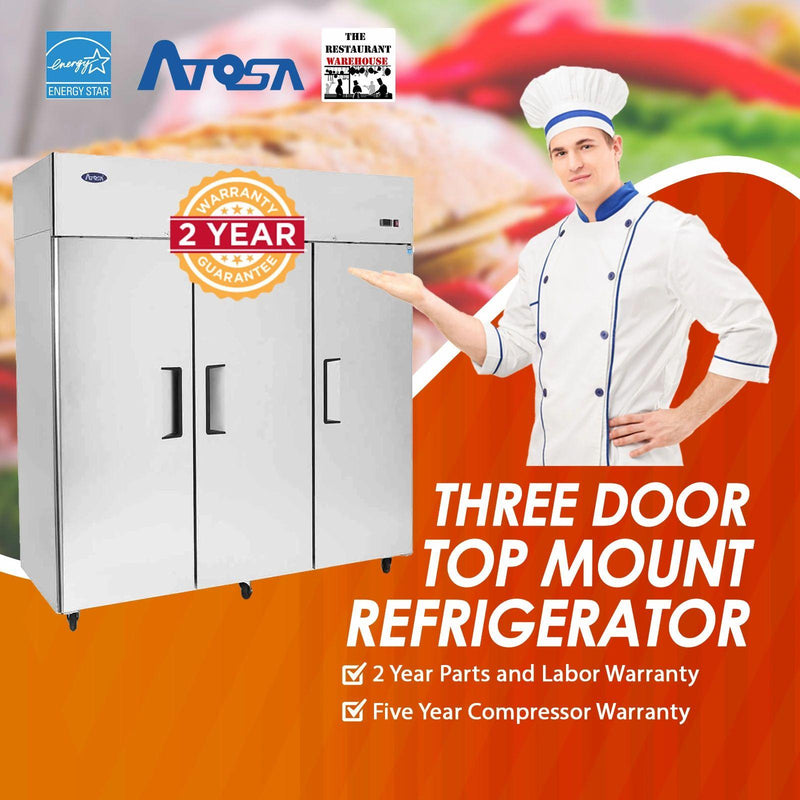Atosa USA MBF8006 Series Stainless Steel 78-Inch Three Door Upright Refrigerator - Energy Star Rated