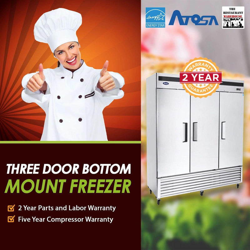 Atosa USA MBF8504 Series Stainless Steel 82-Inch Three Door Upright Freezer - Energy Star Rated