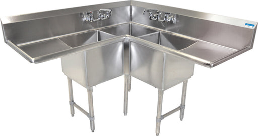 BK Resources BKCS-3-18-14-18TS Stainless Steel 3 Compartment Corner Sink w/ Dual 18" Drainboards 18X18X14