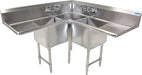 BK Resources BKCS-3-18-14-18T Stainless Steel 3 Compartment Corner Sink w/ Dual 18" Drainboards 18X18X14