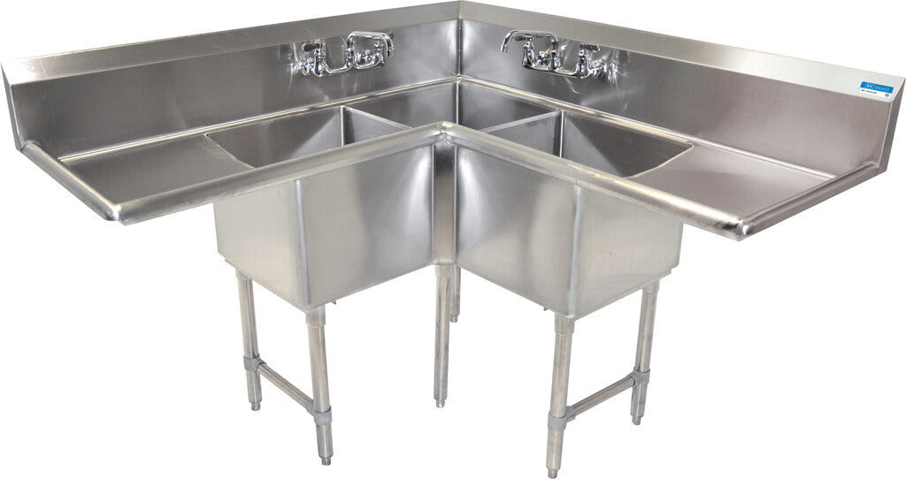 BK Resources BKCS-3-18-14-24TS Stainless Steel 3 Compartment Corner Sink w/  Dual 24" Drainboards 18X18X14
