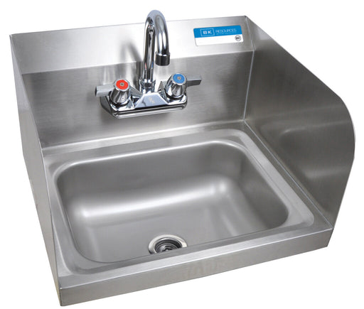 BK Resources BKHS-W-1410-SS-P-G Stainless Steel Hand Sink w/Side Splashes & Faucet, 2 Holes 14”x10”x5”