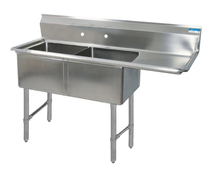 BK Resources BKS-2-18-12-18RS Stainless Steel 2 Compartment Sink w/ 18" Right Drainboard 18X18X12D Bowls