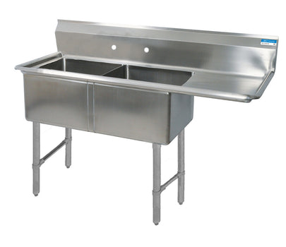 BK Resources BKS-2-24-14-24RS Stainless Steel 2 Compartment Sink w/ 24" Right Drainboard 24X24X14D Bowls