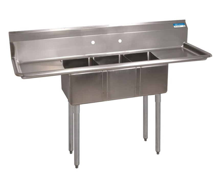BK Resources BKS-3-1014-10-12T Stainless Steel 3 Compartment Convenience Store Sink Dual 12" Drainboards 10X14X10D