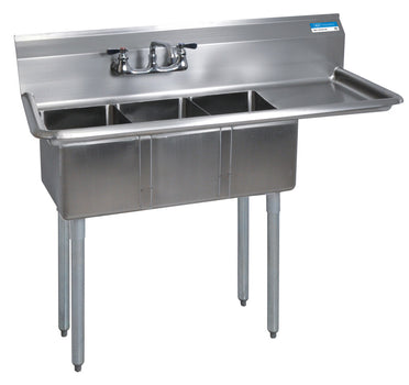 BK Resources BKS-3-1014-10-15R Stainless Steel 3 Compartment Convenience Store Sink 15" Right Drainboard 10X14X10D