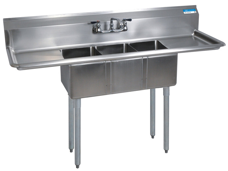 BK Resources BKS-3-1014-10-15TS Stainless Steel 3 Compartment Sink Legs & Bracing Dual 15" Drainboards 10X14X10D