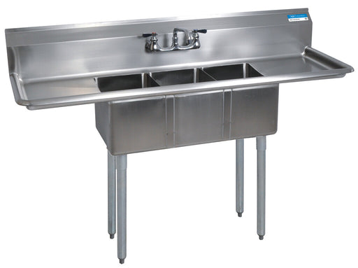 BK Resources BKS-3-1014-10-15T Stainless Steel 3 Compartment Convenience Store Sink Dual 15" Drainboards 10X14X10D