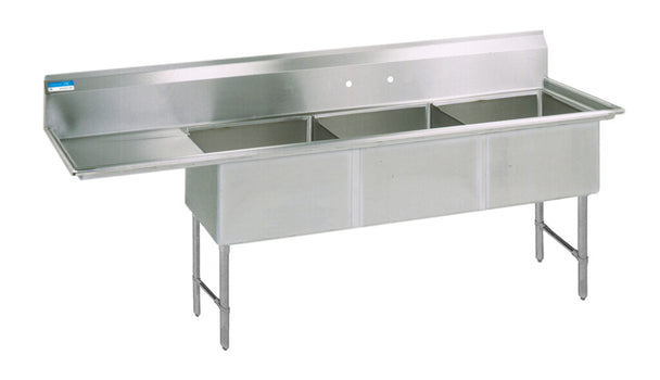 BK Resources BKS-3-1620-12-18LS Stainless Steel 3 Compartment Sink w/ Left Drainboard 16X20X12D Bowls