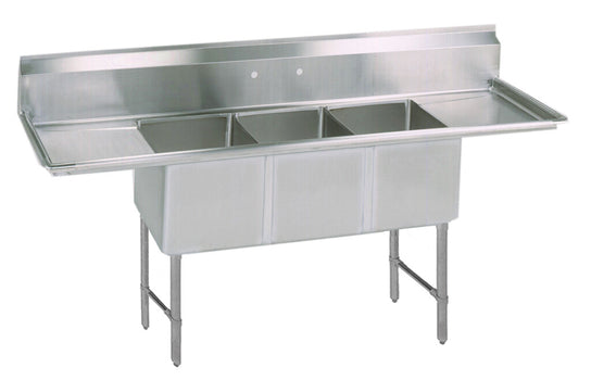 BK Resources BKS-3-1824-14-24TS Stainless Steel 3 Compartment Sink w/ Dual 24" Drainboards 18X24X14D Bowls