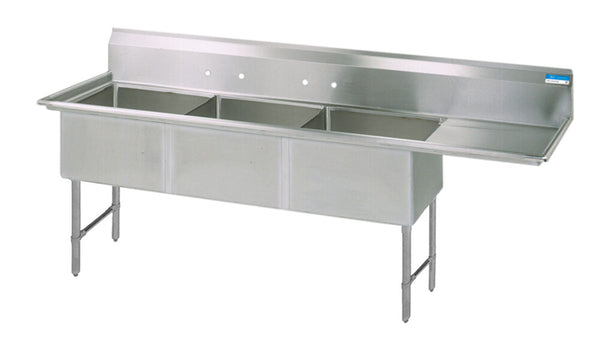 BK Resources BKS-3-24-14-24RS Stainless Steel 3 Compartment Sink Legs & Bracing Right Drainboard 24X24X14D Bowls