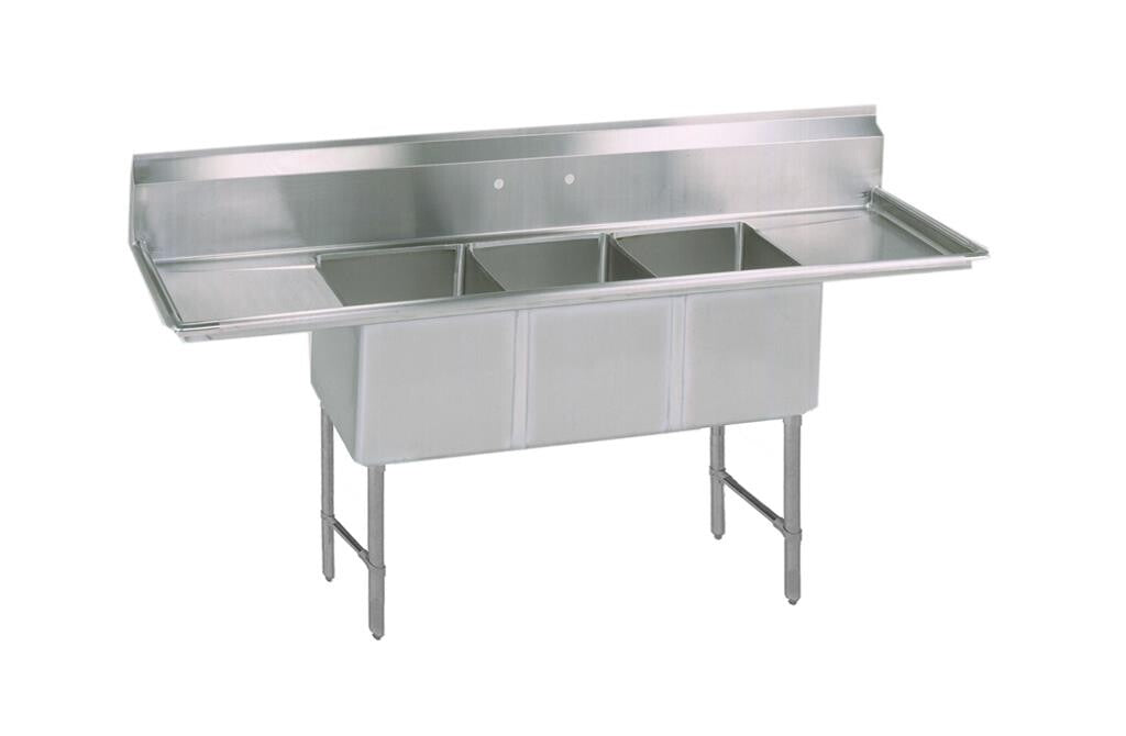 BK Resources BKS6-3-1620-14-24TS Stainless Steel 3 Compartment Sink 10" Riser, Dual 24" Drainboards 16X20X14D Bowls