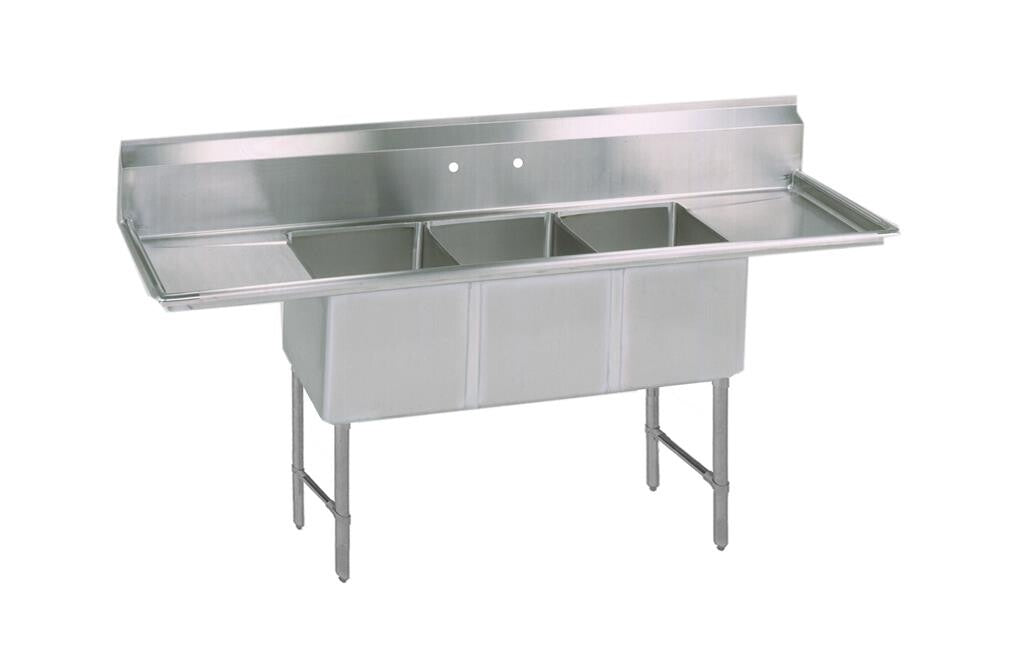 BK Resources BKS6-3-1824-14-18TS Stainless Steel 3 Compartment Sink 10" Riser & Drainboards 18X24X14D Bowls