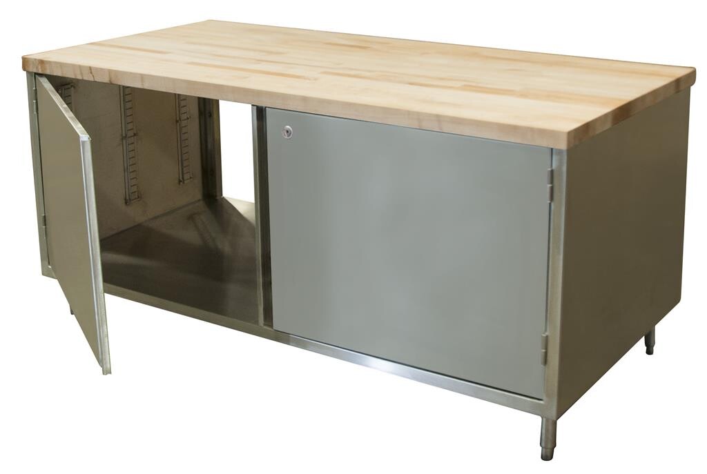 BK Resources CMT-3072HL2 30" x 72" Dual Sided Maple Top Cabinet Base Chef Table Hinged Door with Locks