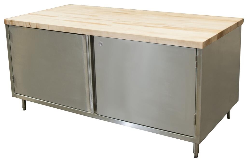 BK Resources CMT-3072HL 30" x 72" Maple Top Cabinet Base Chef Table Hinged Door with Locks