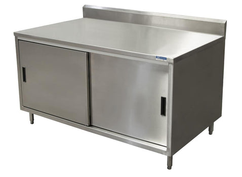 BK Resources CSTR5-2448S 24" x 48" Stainless Steel Cabinet Base Chef Table 5" Backsplash Sliding Door