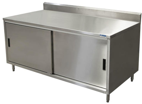 BK Resources CSTR5-2460S 24" x 60" Stainless Steel Cabinet Base Chef Table 5" Backsplash Sliding Door