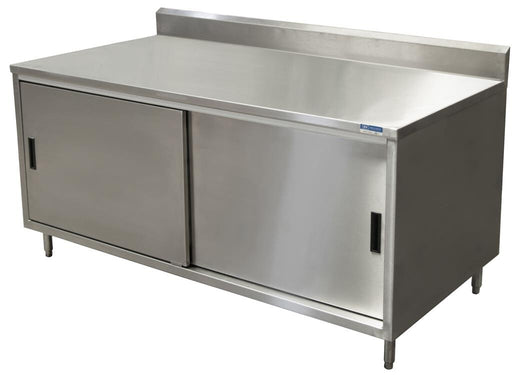 BK Resources CSTR5-2472S 24" x 72" Stainless Steel Cabinet Base Chef Table 5" Backsplash Sliding Door