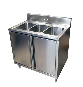 BK Resources CSTR5-3-1014H Stainless Steel 3 Compartment Sink Cabinets With Hinged Doors
