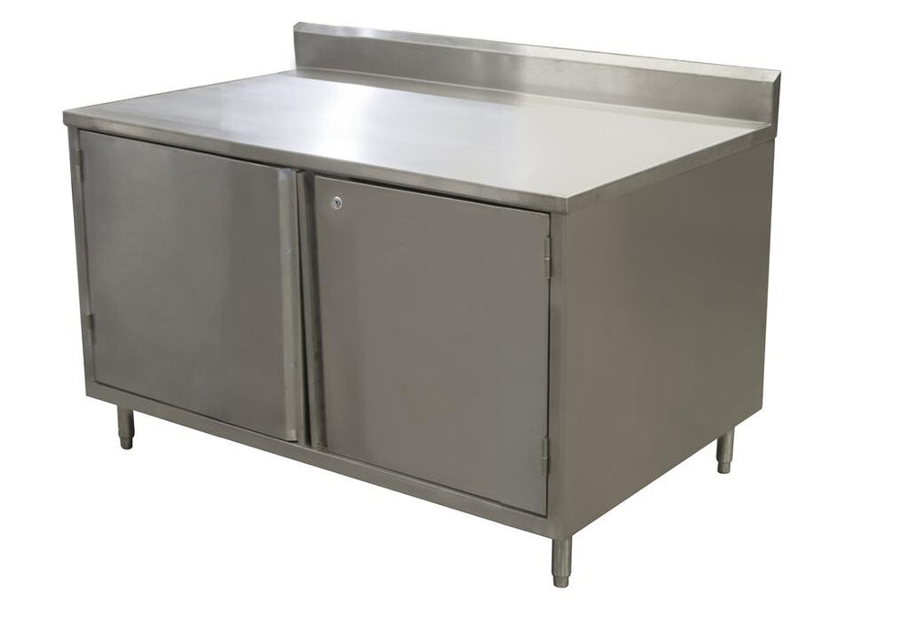 BK Resources CSTR5-3036HL 30" x 36" Stainless Steel Cabinet Base Chef Table 5" Backsplash Hinged Door with Locks
