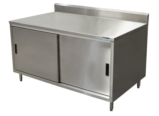 BK Resources CSTR5-3036S 30" x 36" Stainless Steel Cabinet Base Chef Table 5" Backsplash Sliding Door