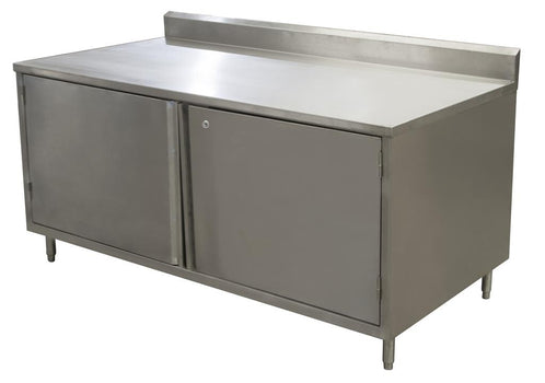 BK Resources CSTR5-3072HL 30" x 72" Stainless Steel Cabinet Base Chef Table 5" Backsplash Hinged Door with Locks