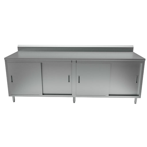 BK Resources CSTR5-3084S 30" x 84" Stainless Steel Cabinet Base Chef Table 5" Backsplash Sliding Door