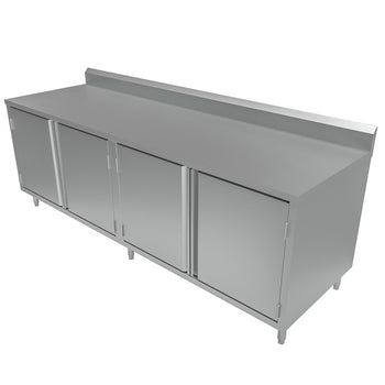 BK Resources CSTR5-3096H 30" x 96" Stainless Steel Cabinet Base Chef Table 5" Backsplash Hinged Door