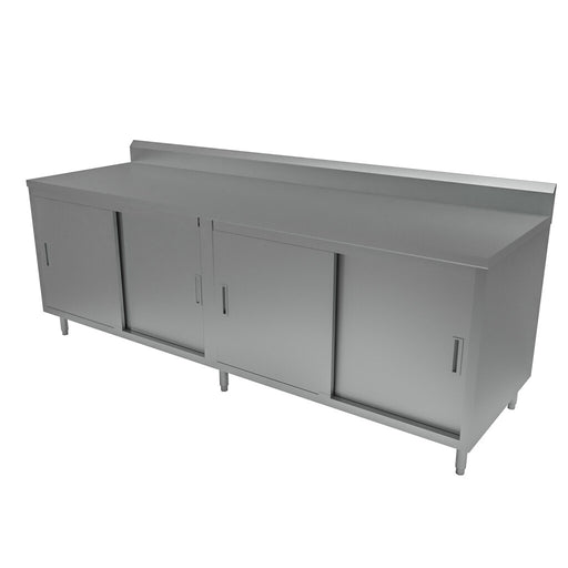 BK Resources CSTR5-3096S 30" x 96" Stainless Steel Cabinet Base Chef Table 5" Backsplash Sliding Door