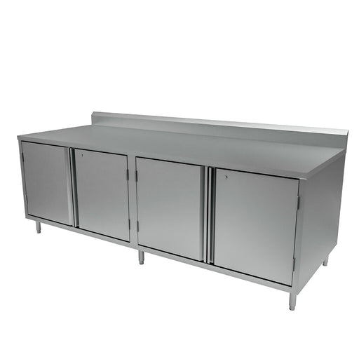 BK Resources CSTR5-3684HL 36" x 84" Cabinet Base Stainless Steel Top Chef Table with Hinged Door and Lock and 5" Backsplash