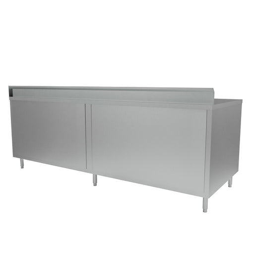 BK Resources CSTR5-3684H 36" x 84" Cabinet Base Stainless Steel Top Chef Table with Hinged Door and 5" Backsplash