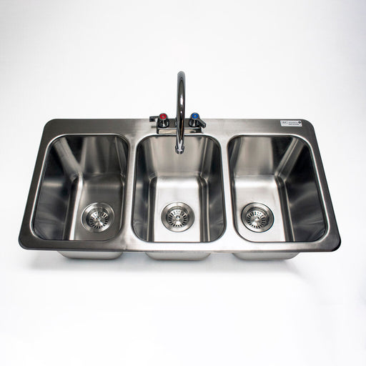 BK Resources DDI3-10141024-P-G Stainless Steel 3 Compartment Dropin Sink 10"x10"x14" Bowl w/Faucet