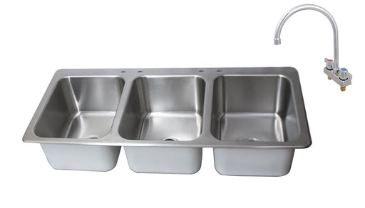 BK Resources DDI3-162012224-P-G Stainless Steel 3 Compartment Dropin Sink 16"x20"x12" Bowl w/Faucet