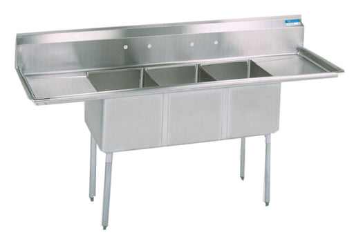BK Resources ES-3-24-14-24T Stainless Steel 3 Compartment Economy Sink Dual 24" Drainboards 24"x24"x14"