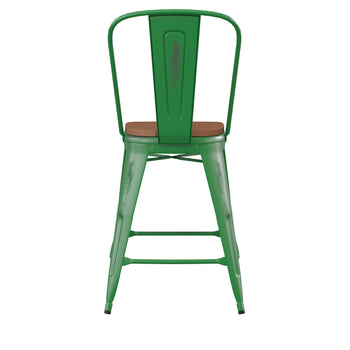Green Metal Stool-Teak Seat