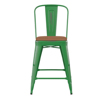 Green Metal Stool-Teak Seat