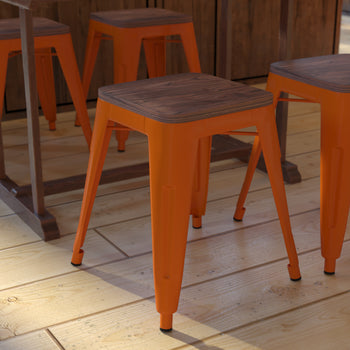 4PK Orange Stool-Wood Seat