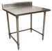 BK Resources QVTR5OB-3630 14 Gauge Stainless Steel Work Table Open Base and Legs With 5" Backsplash 36" W x 30" D