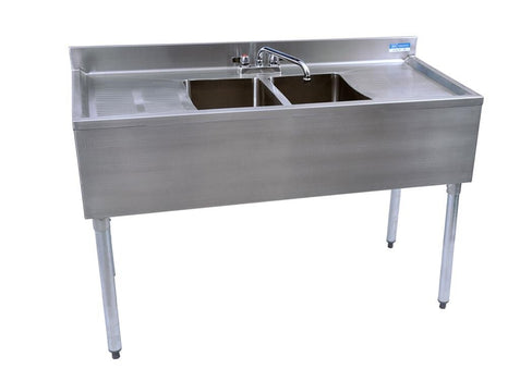 BK Resources UB4-18-248TS 18"X48" Underbar Sink w/ Legs 2 Compartment Two Drainboards & Faucet